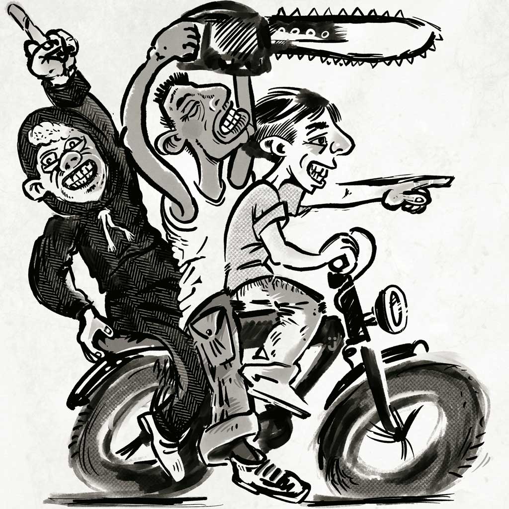 Drie gevaarlijke kinderen op een fatbike met een kettingzaag